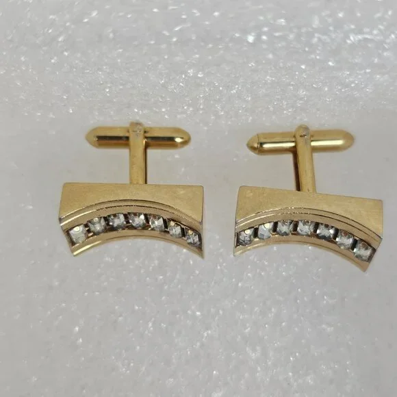 Vintage Swank Cufflinks Baguette Clear Rhinestone Gold Tone Rectangle Curved MCM - Picture 3 of 11